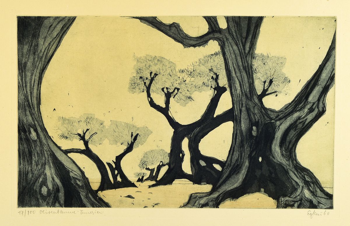Otto Eglau, 1917 Berlin - 1988 Kampen, Olivenbäume, Tuensien, 1960, Radierung, 17/100, handsigniert, dat., ca. ca. 30 x 49cm, unter Glas, Rahmen:55 ...