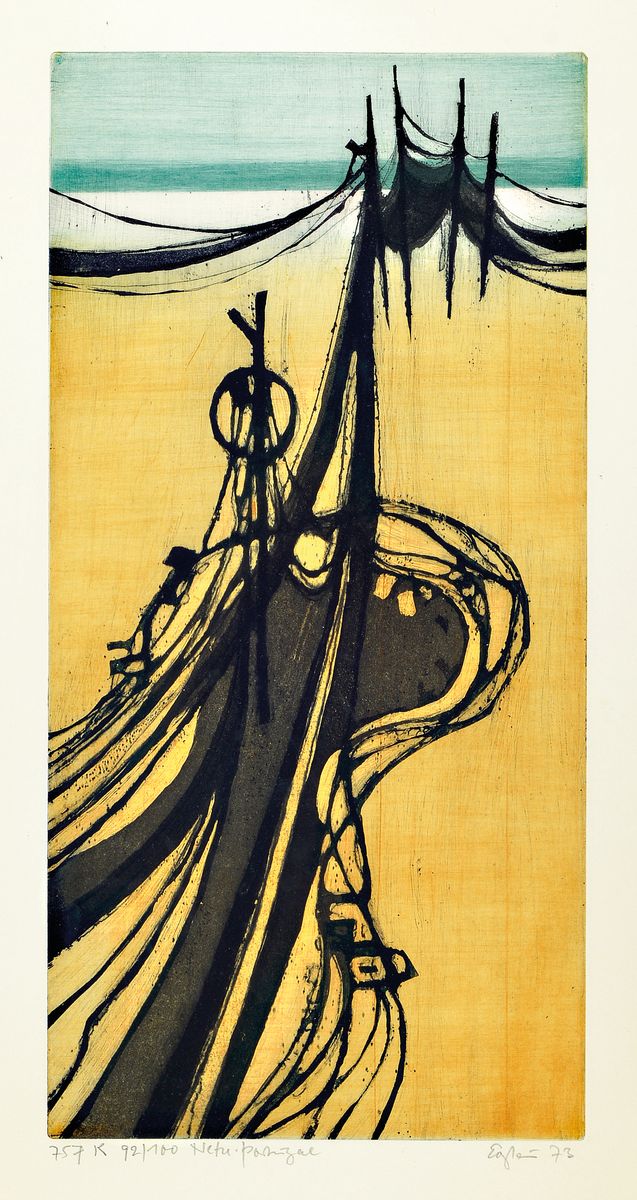 Otto Eglau, 1917 Berlin - 1988 Kampen, Netze, Portugal, 1973, Farbradierung, num. 757 K 92/100, handsigniert, dat., ca. 49 x 24cm, unter Glas, ...