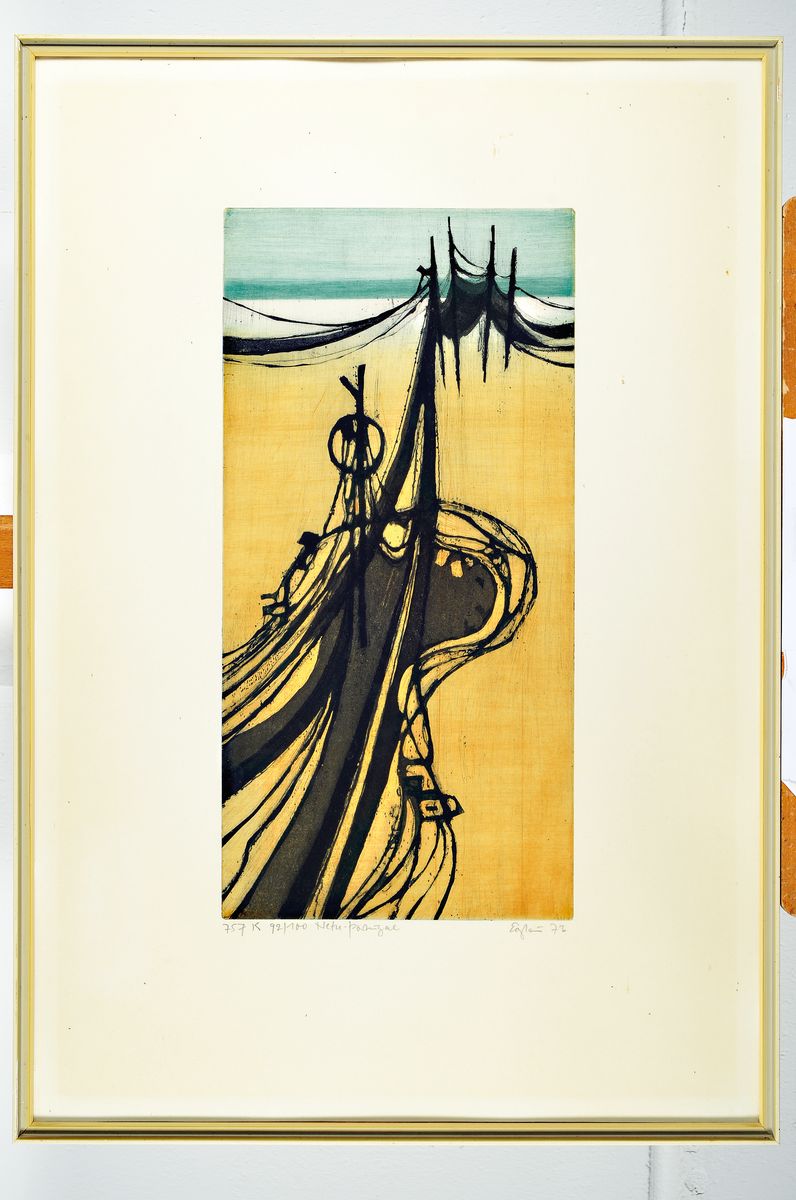 Detail k: Otto Eglau, 1917 Berlin - 1988 Kampen, Netze, Portugal, 1973, Farbradierung, num. 757 K 92/100, handsigniert, dat., ca. 49 x 24cm, unter Glas, ...