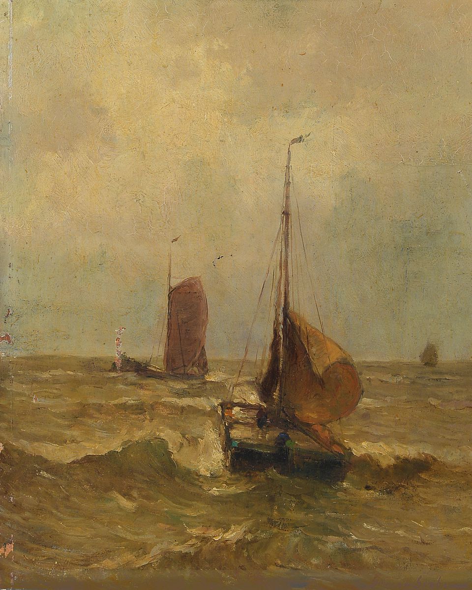 Germann Grobe, 2. H. 20. Jh., hier: Seestück mit Boot auf bewegter See, impressionistische Sicht, breite Variation in den Grün-und Grautönen, ...