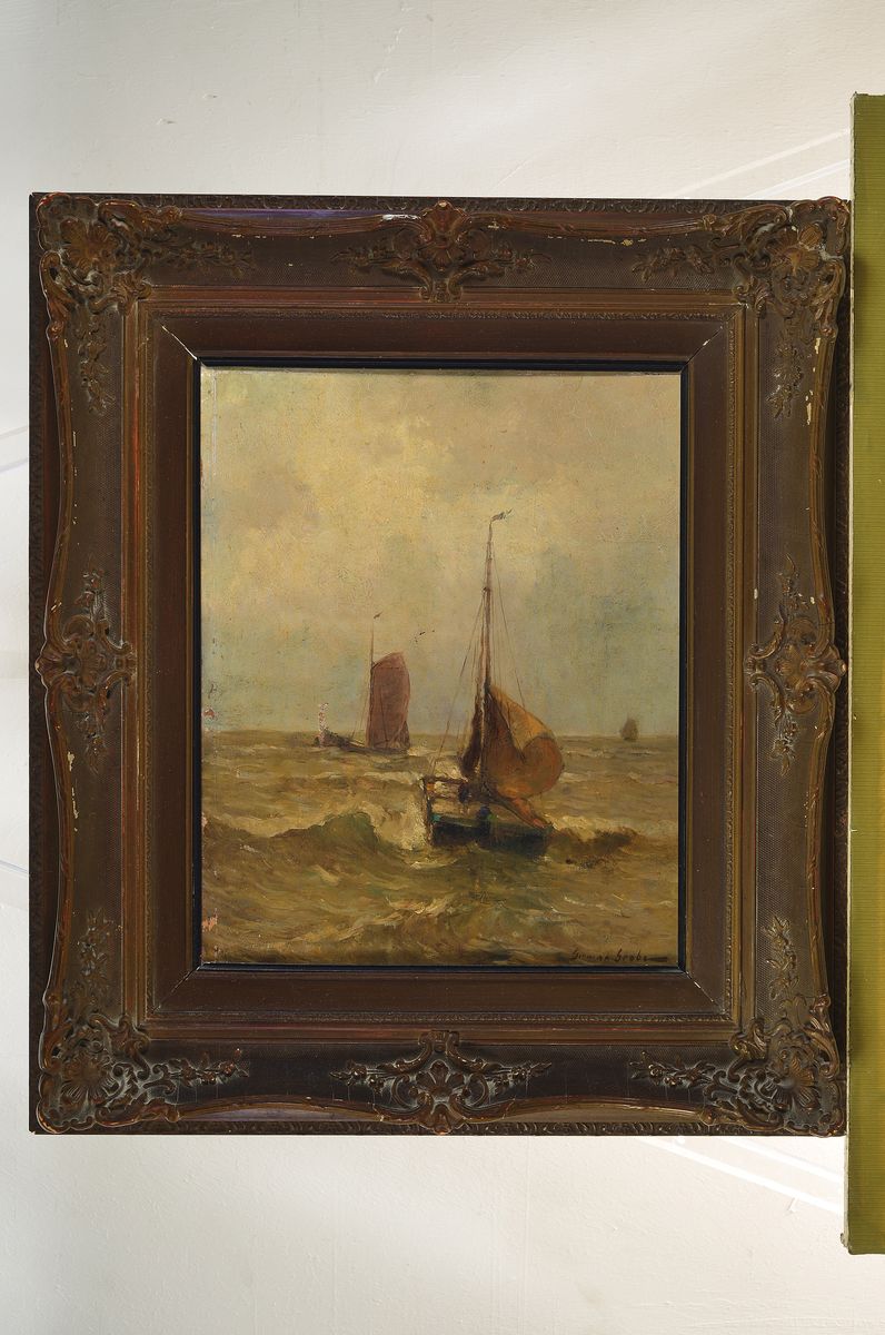 Detail k: Germann Grobe, 2. H. 20. Jh., hier: Seestück mit Boot auf bewegter See, impressionistische Sicht, breite Variation in den Grün-und Grautönen, ...