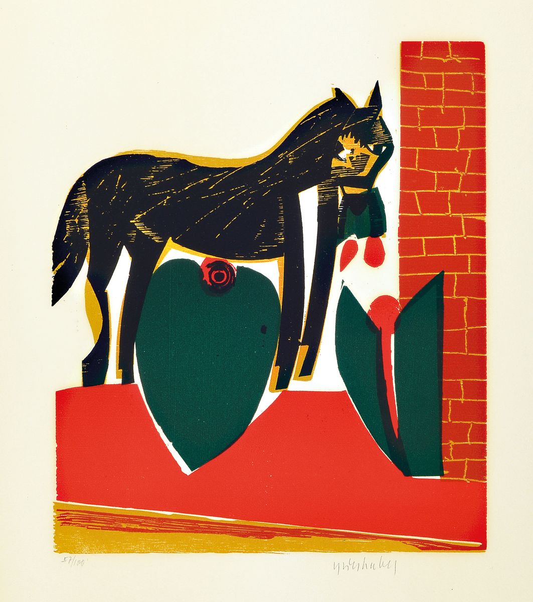 HAP Grieshaber, Farbholzschnitt, "Die Tulpen", 57/100, von 1966, handsigniert, Blattmaß ca. 60 x 50 cm unter Glas, Rahmen ca. 61 x 51 cm
