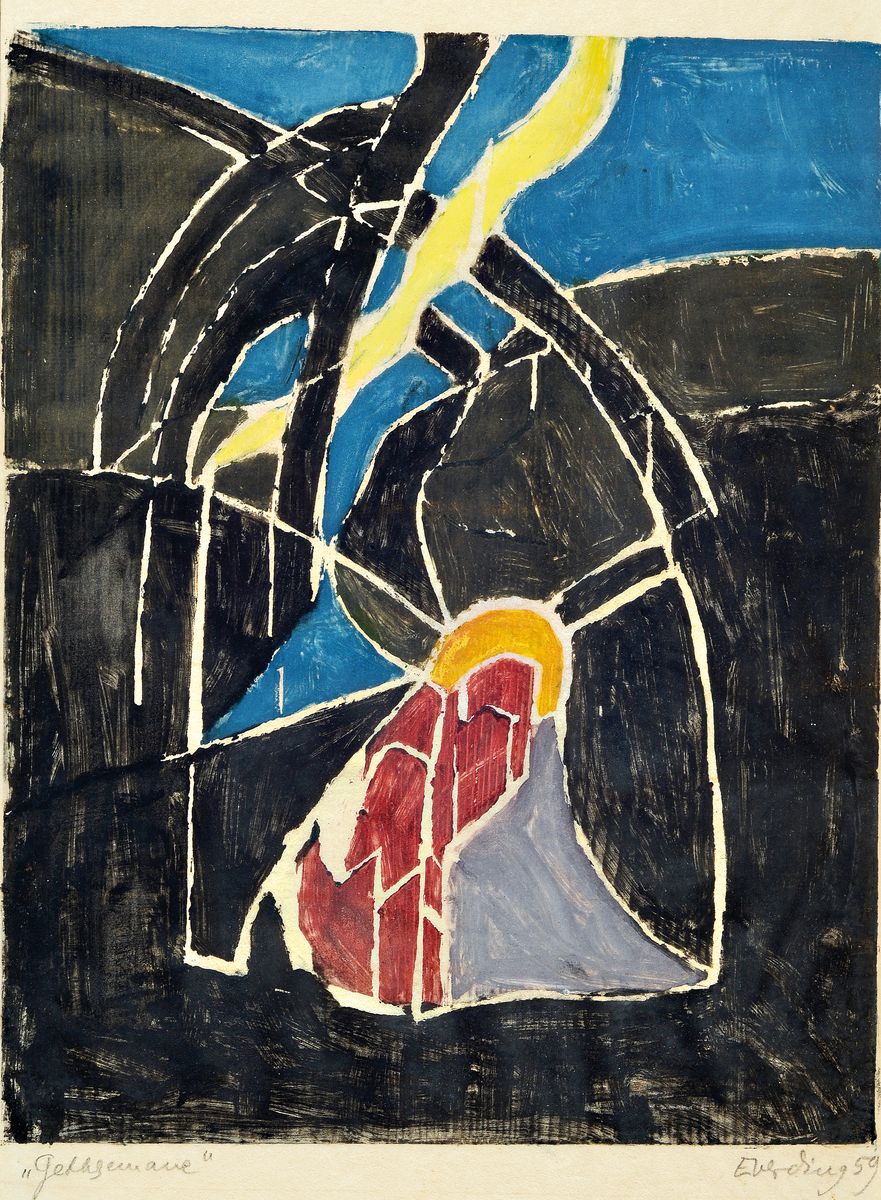 Hildegard Everding-Gelius, drei Farbholzschnitte, handsigniert, Gethsemane 1959, 80 Exp., ca. 37 x 29, Kreuzigung 1957, ca. 32 x 26 cm und Blüte am ...