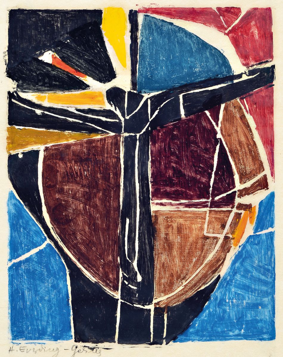 Detail a: Hildegard Everding-Gelius, drei Farbholzschnitte, handsigniert, Gethsemane 1959, 80 Exp., ca. 37 x 29, Kreuzigung 1957, ca. 32 x 26 cm und Blüte am ...