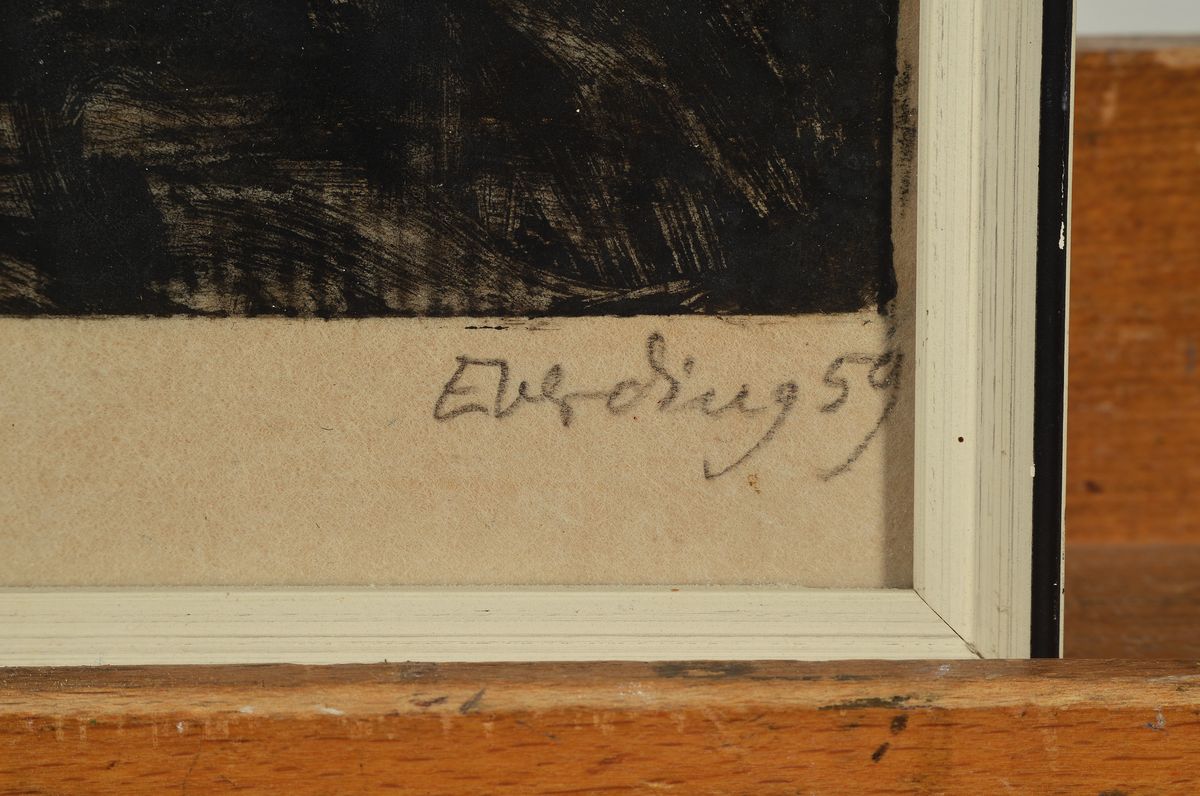Detail b: Hildegard Everding-Gelius, drei Farbholzschnitte, handsigniert, Gethsemane 1959, 80 Exp., ca. 37 x 29, Kreuzigung 1957, ca. 32 x 26 cm und Blüte am ...