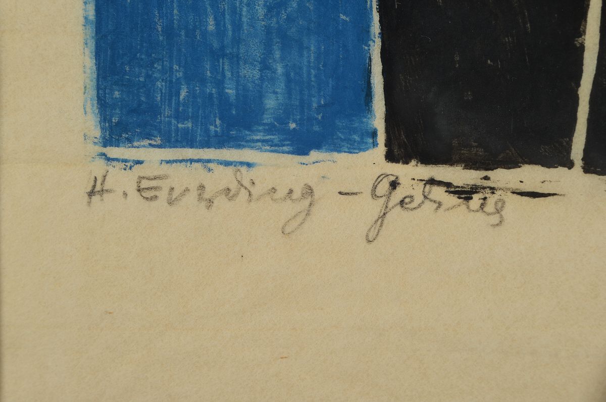 Detail c: Hildegard Everding-Gelius, drei Farbholzschnitte, handsigniert, Gethsemane 1959, 80 Exp., ca. 37 x 29, Kreuzigung 1957, ca. 32 x 26 cm und Blüte am ...