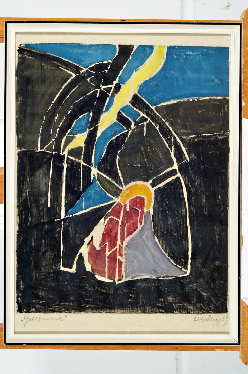 Detail k: Hildegard Everding-Gelius, drei Farbholzschnitte, handsigniert, Gethsemane 1959, 80 Exp., ca. 37 x 29, Kreuzigung 1957, ca. 32 x 26 cm und Blüte am ...