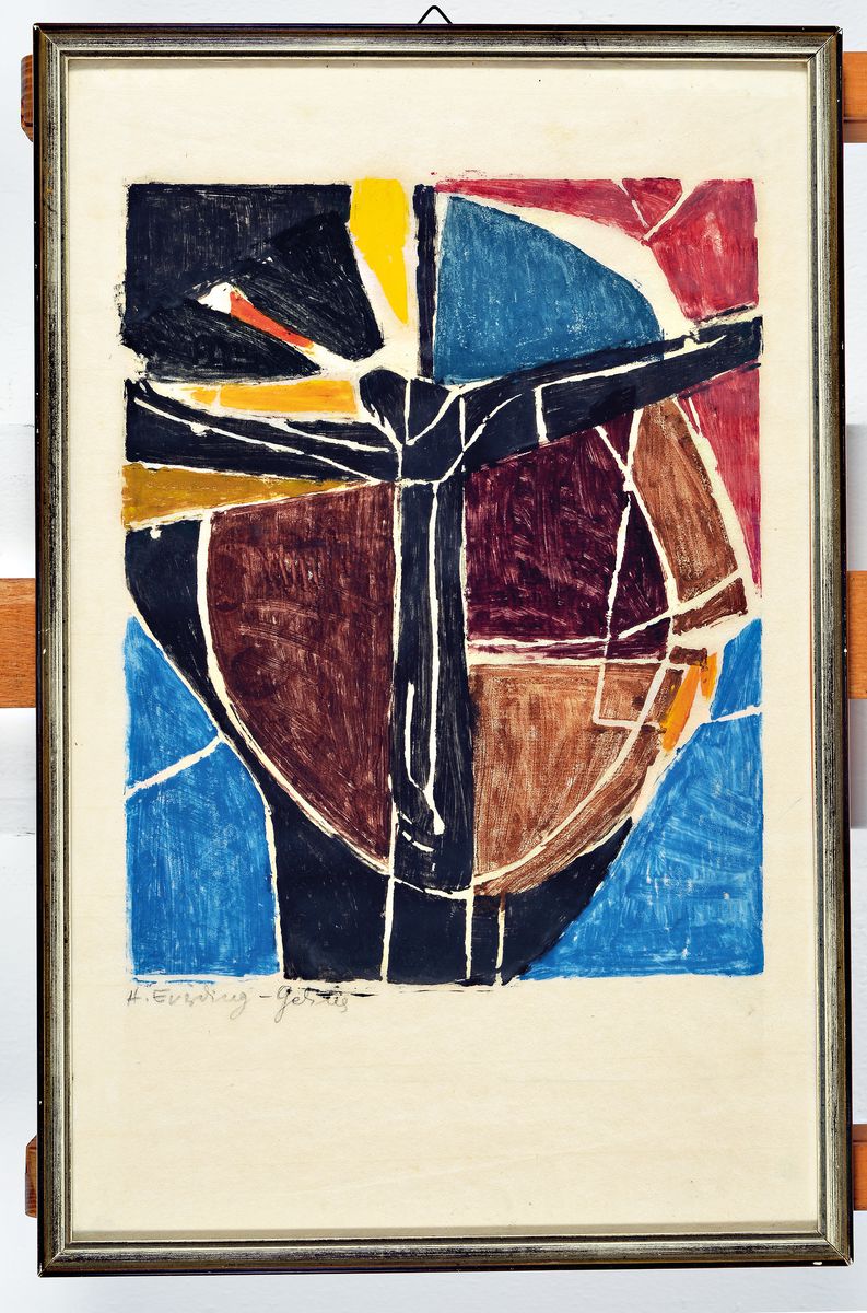 Detail l: Hildegard Everding-Gelius, drei Farbholzschnitte, handsigniert, Gethsemane 1959, 80 Exp., ca. 37 x 29, Kreuzigung 1957, ca. 32 x 26 cm und Blüte am ...