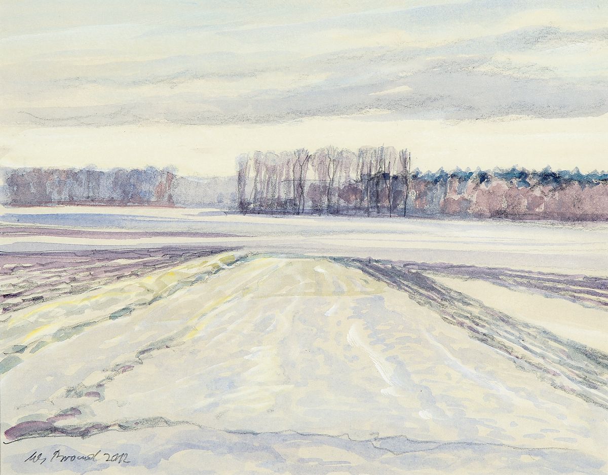 Werner Brand, geb. 1933, Winterliche Agrarlandschaft, Aquarell auf Papier, links unten signiert und dat. 2012, ca. 21x27cm, PP,u.Gl., R.