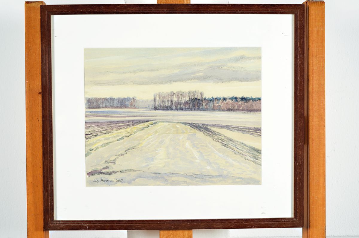 Detail k: Werner Brand, geb. 1933, Winterliche Agrarlandschaft, Aquarell auf Papier, links unten signiert und dat. 2012, ca. 21x27cm, PP,u.Gl., R.