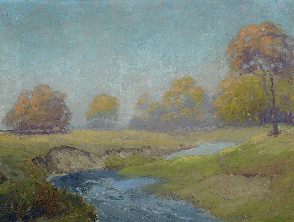 Paul Scheffer, 1877 Kassel-1916 ebenda, baumbestandene Landschaft mit Fluss, Öl/Platte, links unten signiert, ca. 39x40cm/ 39x47cm, Jugendstilrahmen