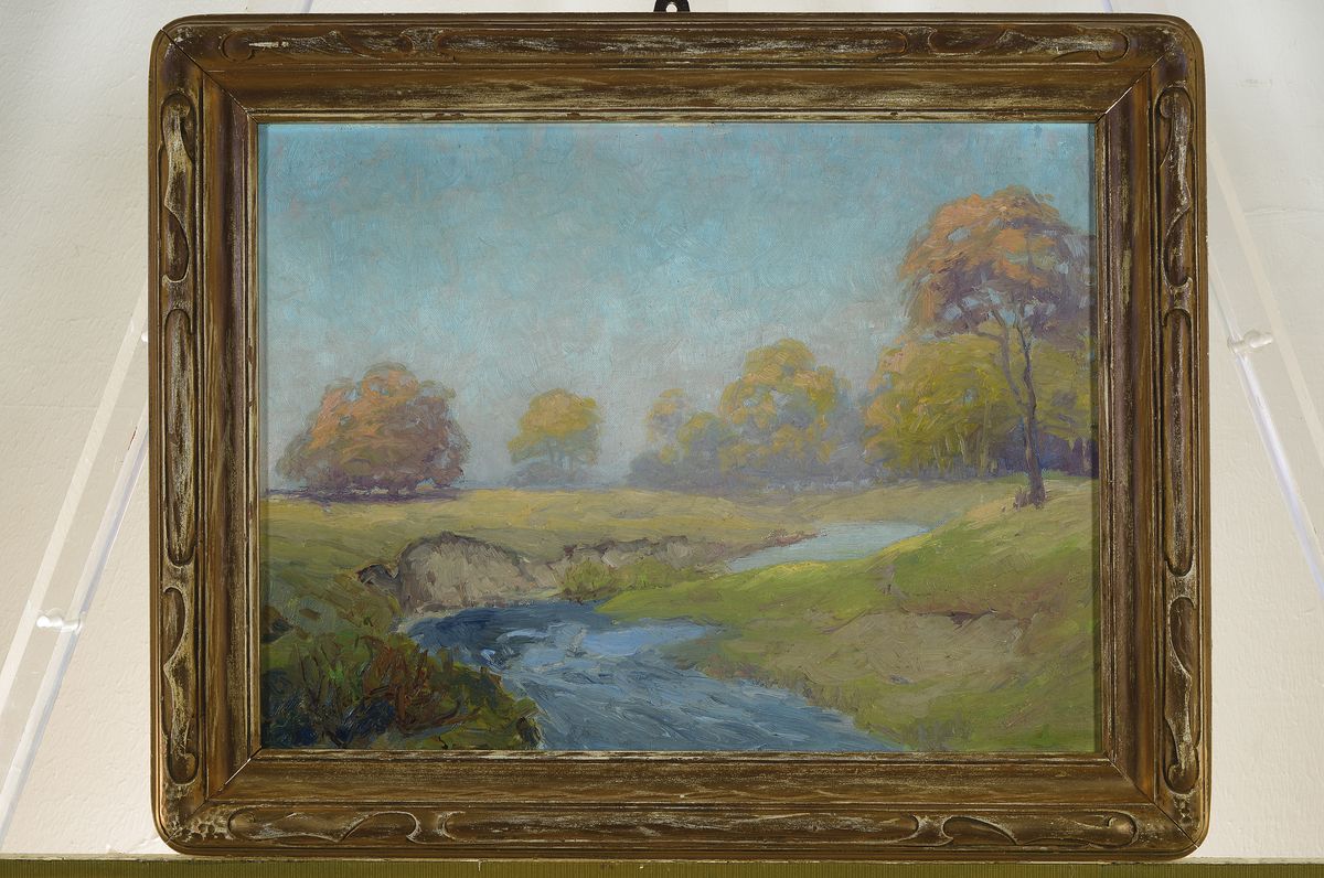 Detail k: Paul Scheffer, 1877 Kassel-1916 ebenda, baumbestandene Landschaft mit Fluss, Öl/Platte, links unten signiert, ca. 39x40cm/ 39x47cm, Jugendstilrahmen