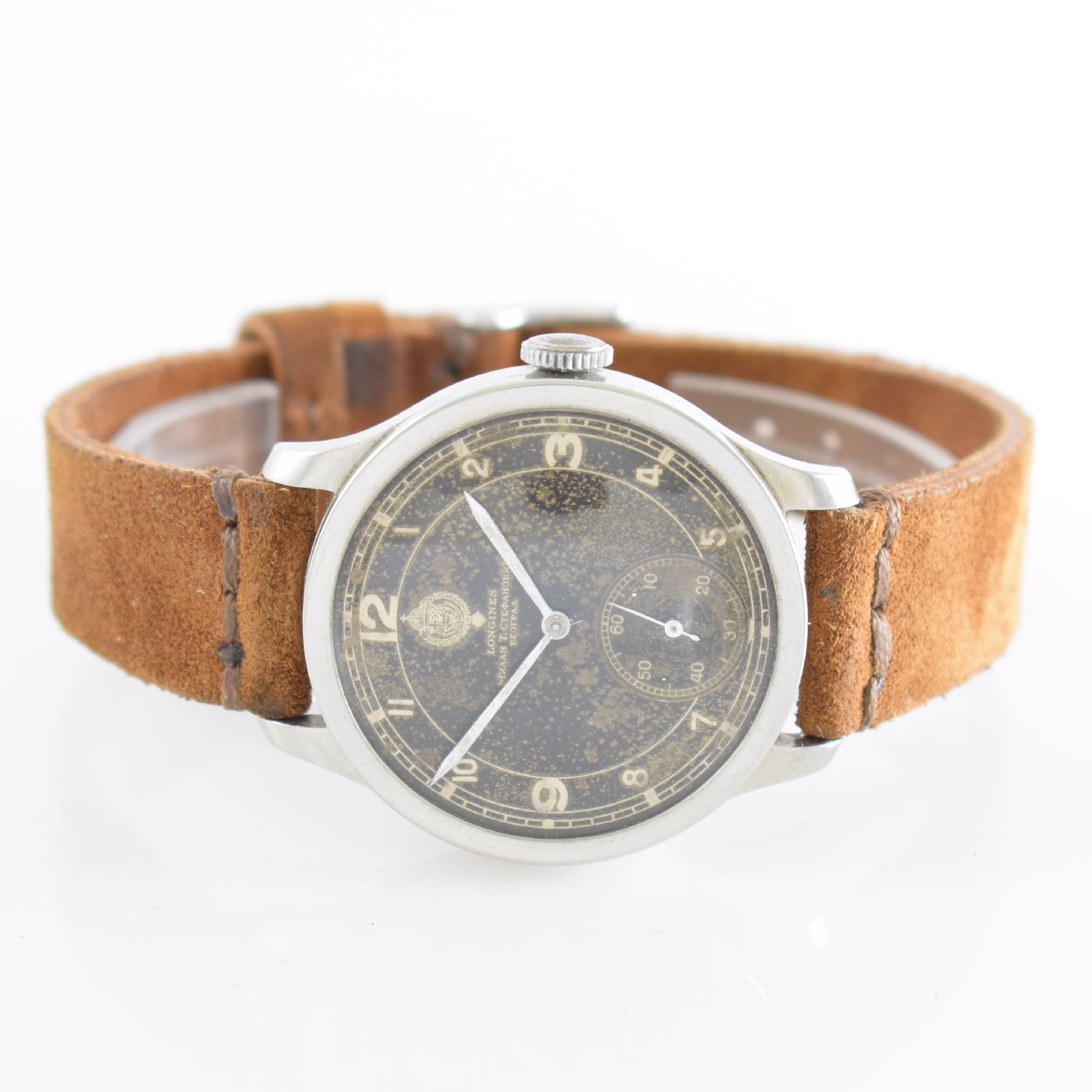 LONGINES sehr seltene Militärarmbanduhr der jugoslawischen Armee, Schweiz um 1939, Handaufzug, 3-tlg. Geh. Ref. 20652, Boden & Glasrand aufgedr., ...