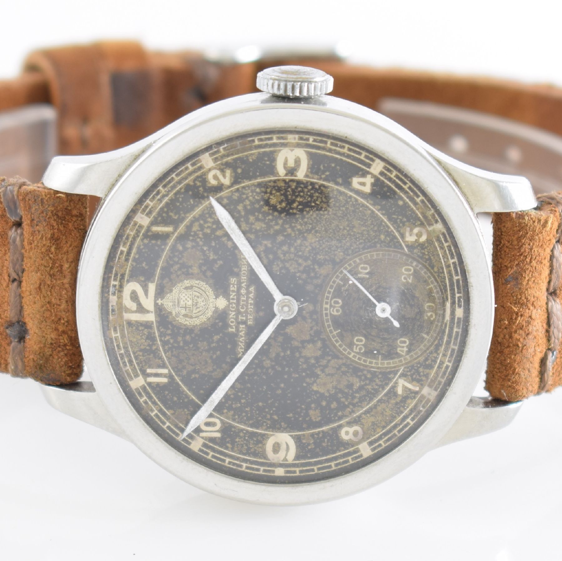 Detail a: LONGINES sehr seltene Militärarmbanduhr der jugoslawischen Armee, Schweiz um 1939, Handaufzug, 3-tlg. Geh. Ref. 20652, Boden & Glasrand aufgedr., ...
