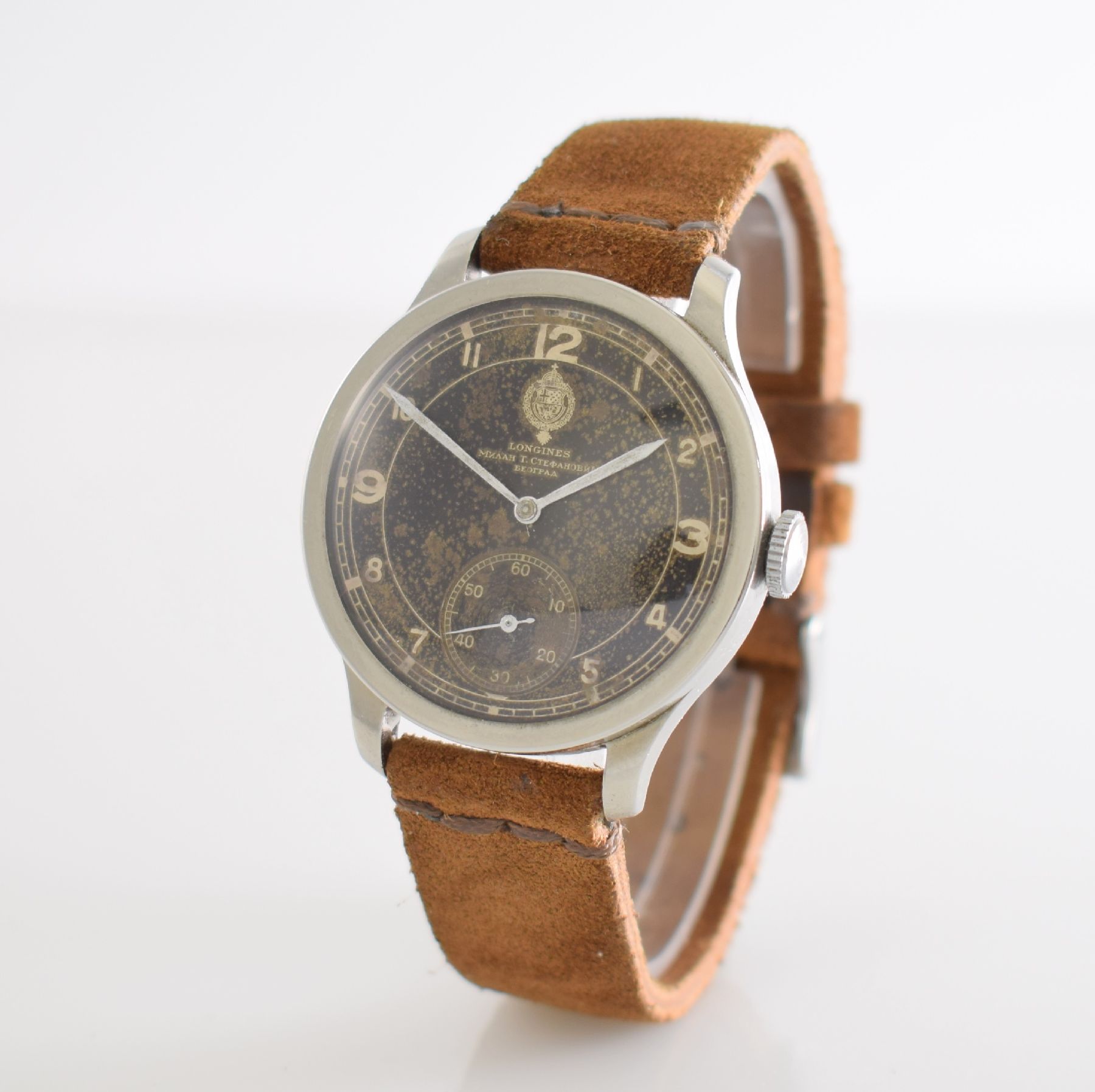 Detail b: LONGINES sehr seltene Militärarmbanduhr der jugoslawischen Armee, Schweiz um 1939, Handaufzug, 3-tlg. Geh. Ref. 20652, Boden & Glasrand aufgedr., ...