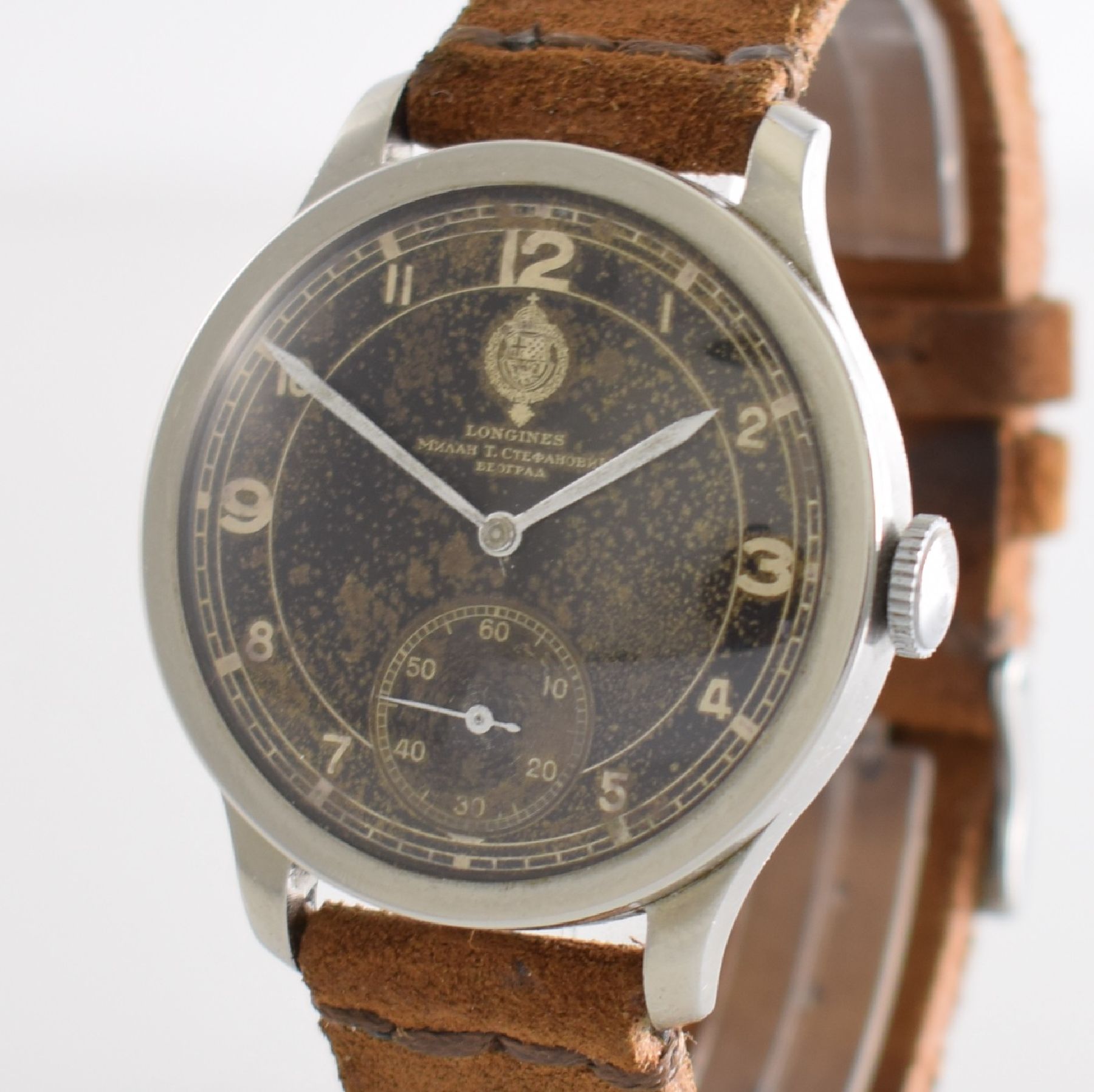 Detail c: LONGINES sehr seltene Militärarmbanduhr der jugoslawischen Armee, Schweiz um 1939, Handaufzug, 3-tlg. Geh. Ref. 20652, Boden & Glasrand aufgedr., ...