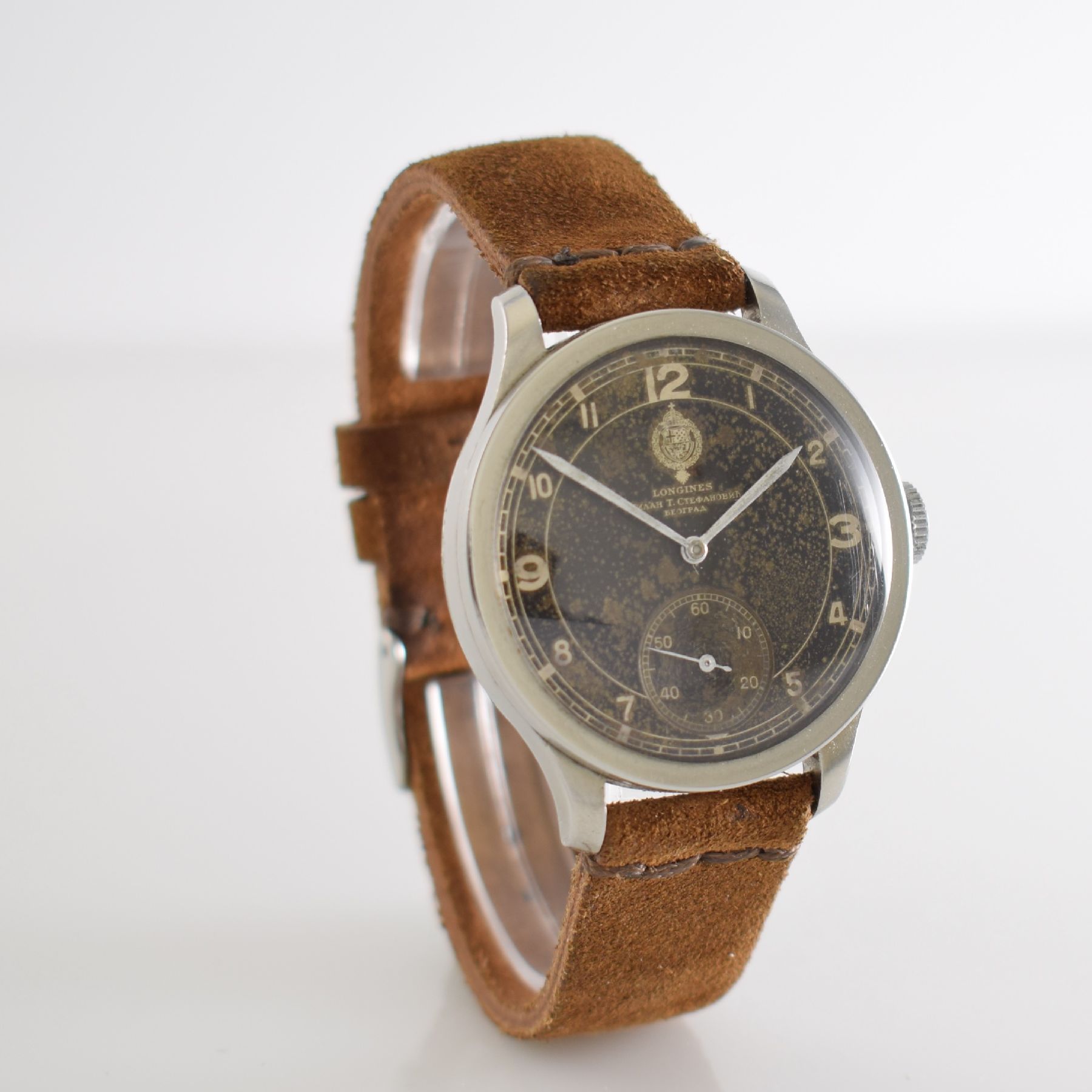 Detail d: LONGINES sehr seltene Militärarmbanduhr der jugoslawischen Armee, Schweiz um 1939, Handaufzug, 3-tlg. Geh. Ref. 20652, Boden & Glasrand aufgedr., ...
