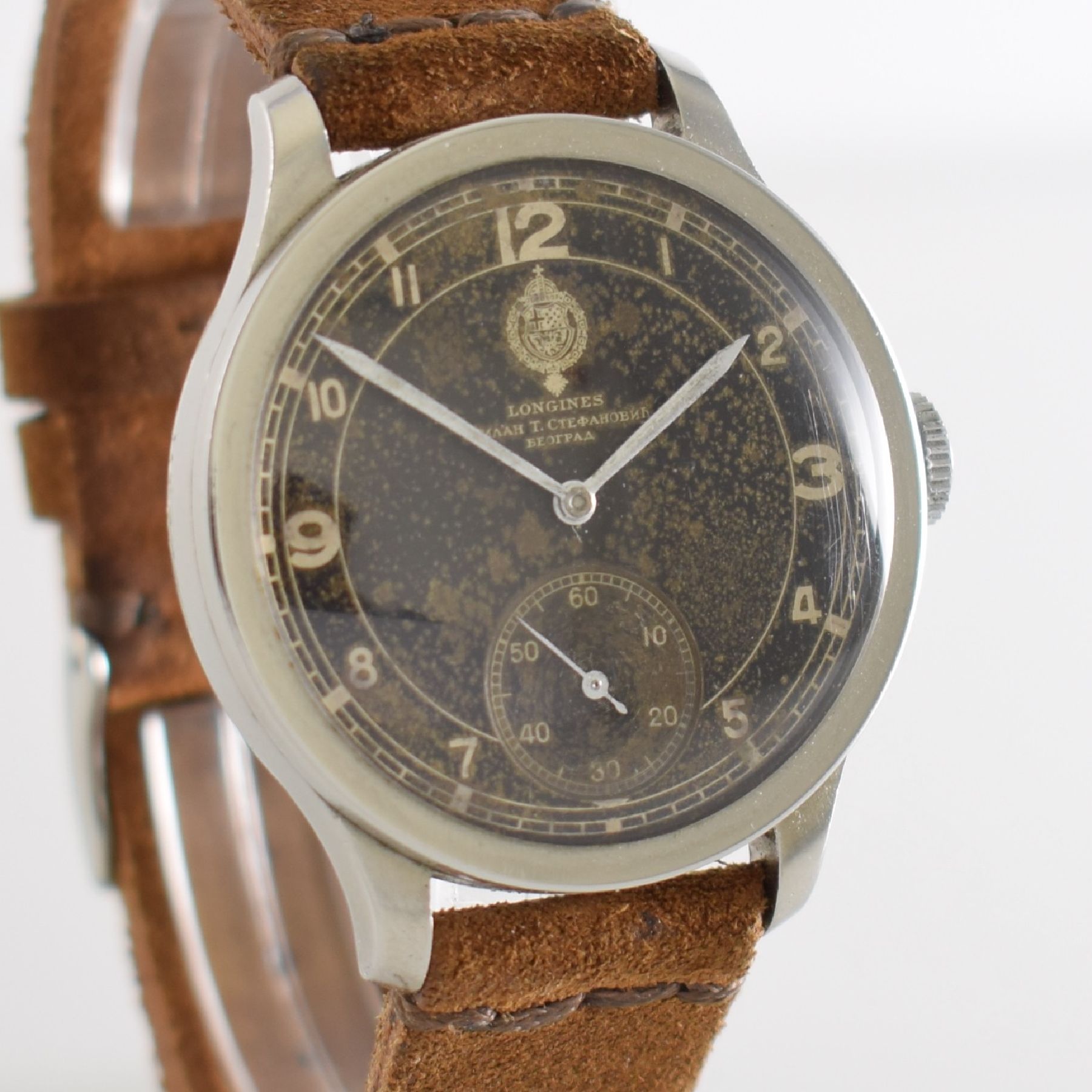 Detail e: LONGINES sehr seltene Militärarmbanduhr der jugoslawischen Armee, Schweiz um 1939, Handaufzug, 3-tlg. Geh. Ref. 20652, Boden & Glasrand aufgedr., ...