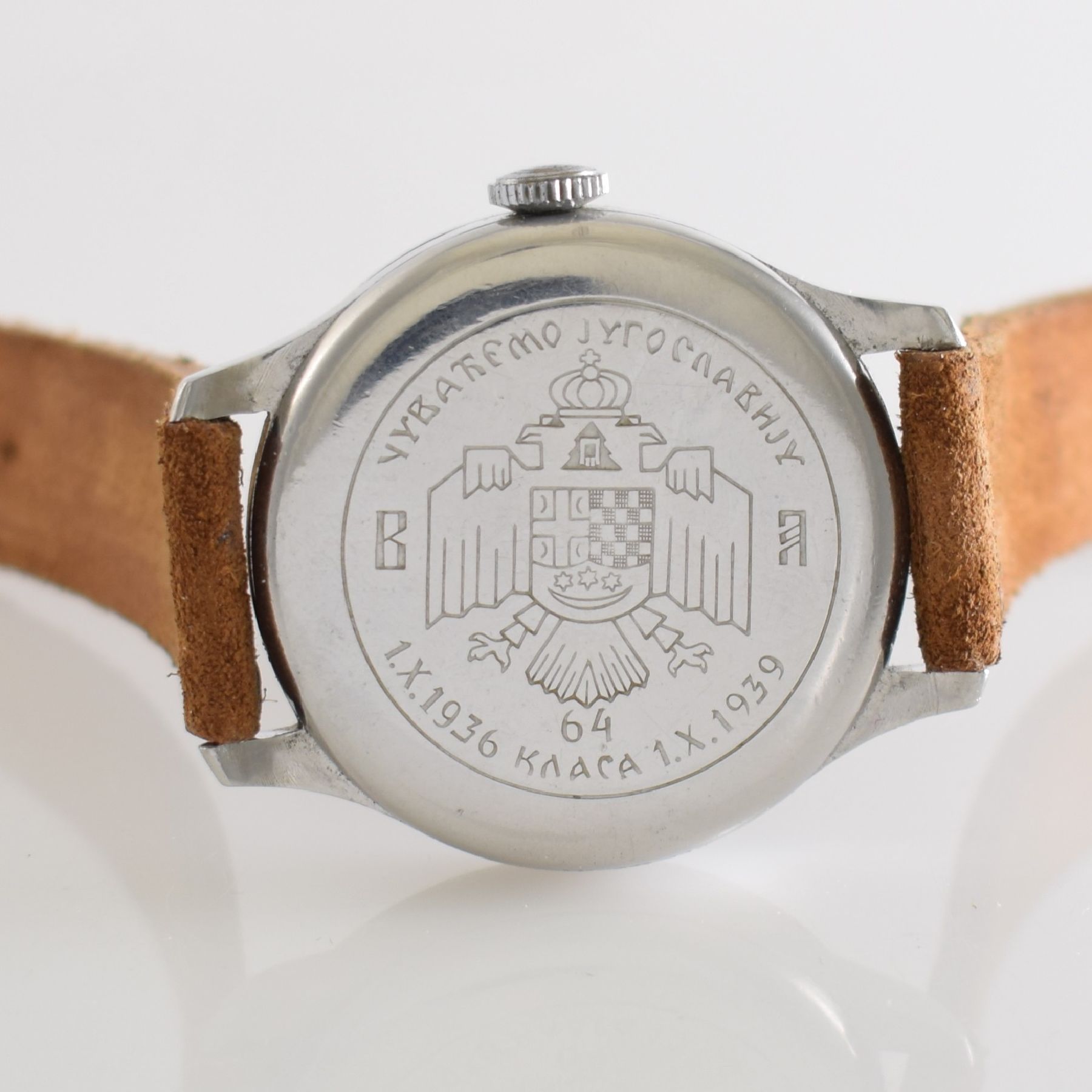 Detail f: LONGINES sehr seltene Militärarmbanduhr der jugoslawischen Armee, Schweiz um 1939, Handaufzug, 3-tlg. Geh. Ref. 20652, Boden & Glasrand aufgedr., ...