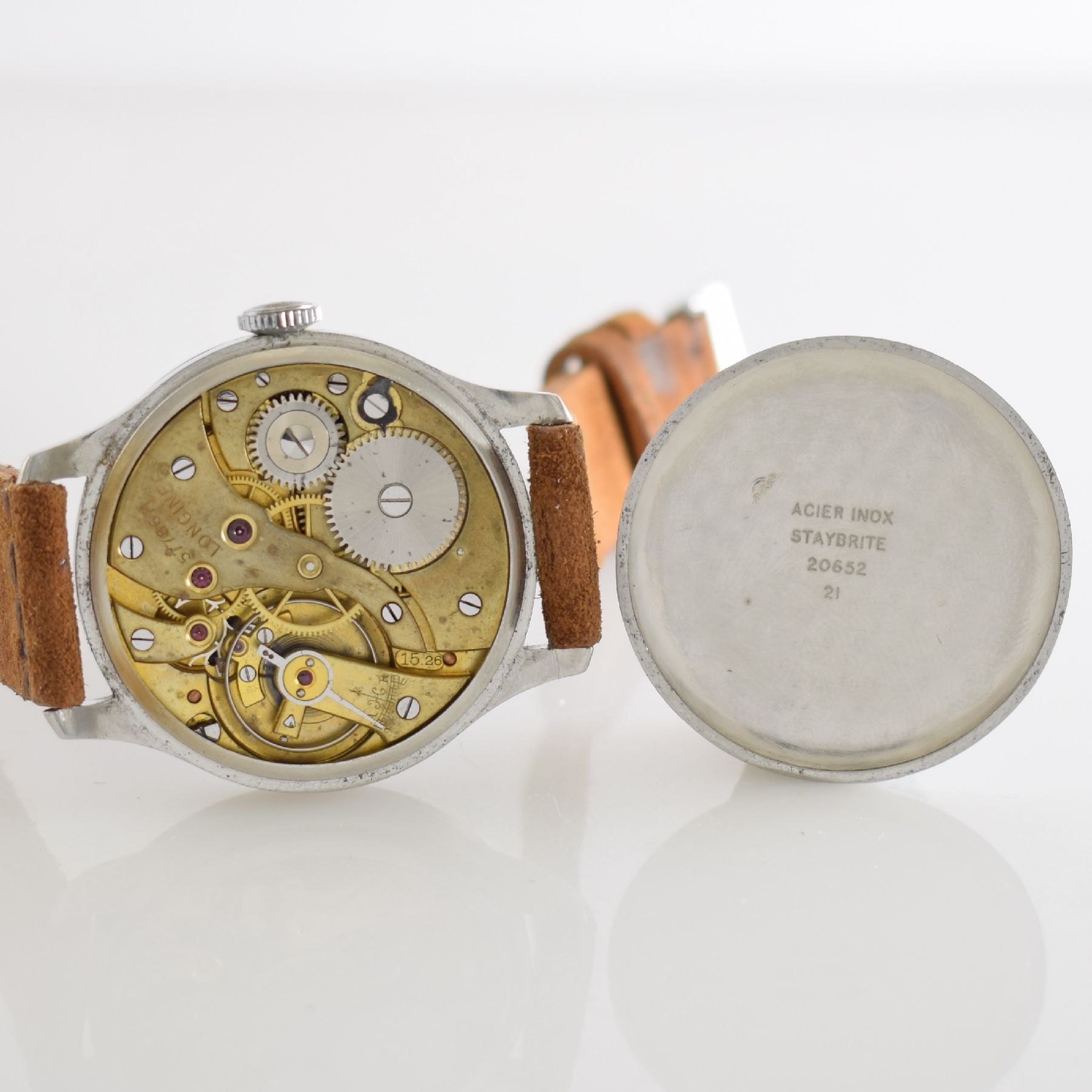 Detail g: LONGINES sehr seltene Militärarmbanduhr der jugoslawischen Armee, Schweiz um 1939, Handaufzug, 3-tlg. Geh. Ref. 20652, Boden & Glasrand aufgedr., ...