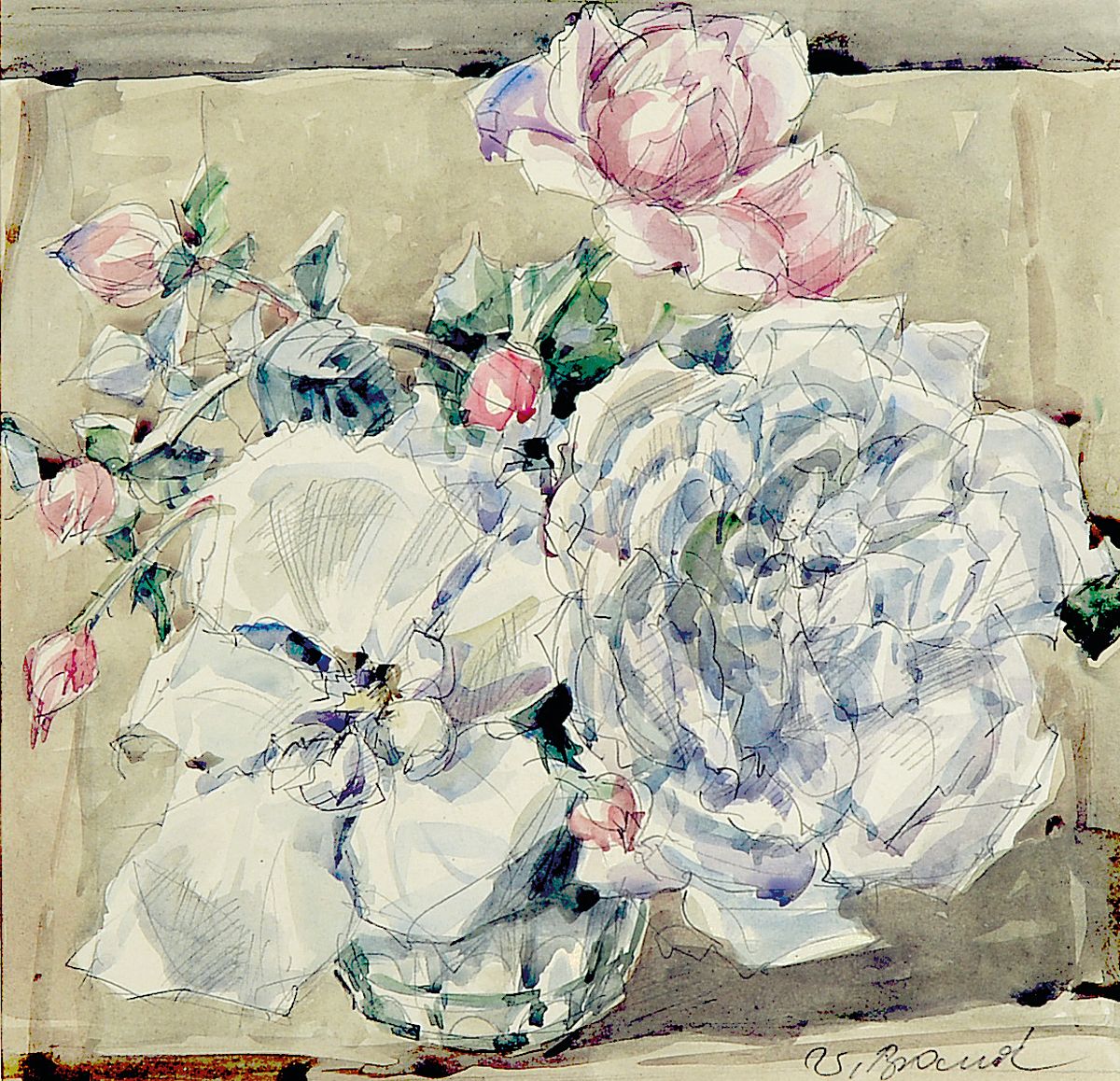 Detail a: Werner Brand, geb. 1933, zwei Aquarelle, Stillleben mit Rosen, beide signiert, eines datiert 84, ca. 24x19cm bzw. 19x19cm, beide PP, u.Gl., gleich ...