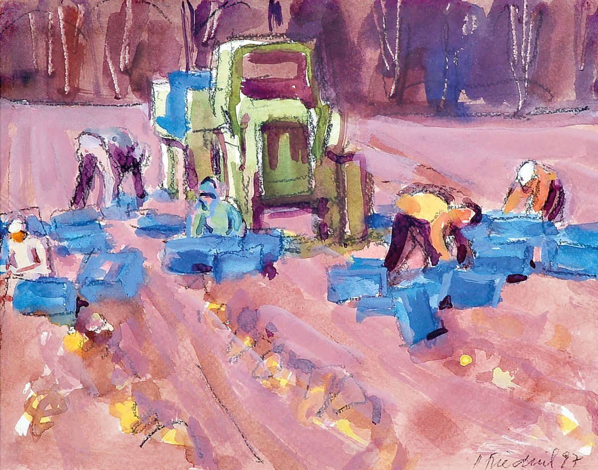 Heinz Friedrich, 1924-2018 Schwetzingen, Bei der Spargelernte, Aquarell auf Papier, rechts unten signiert und dat. 97, ca. 17x22cm, PP, u.Gl., R. ...