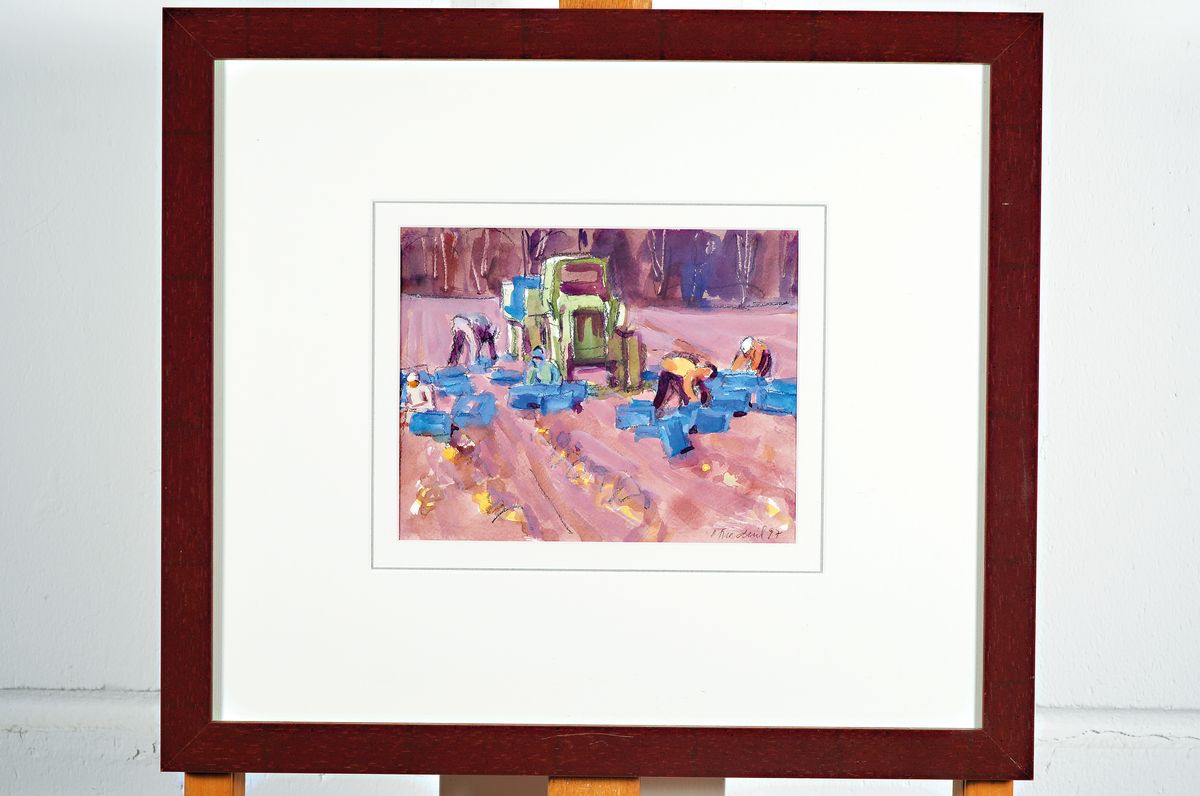 Detail k: Heinz Friedrich, 1924-2018 Schwetzingen, Bei der Spargelernte, Aquarell auf Papier, rechts unten signiert und dat. 97, ca. 17x22cm, PP, u.Gl., R. ...
