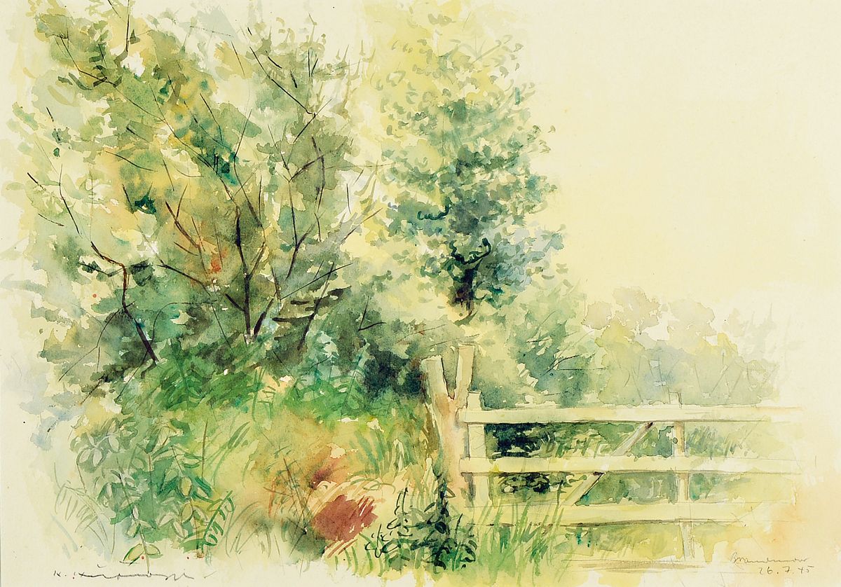 Karl Hufnagel, 1906 Harthausen-1995 Speyer, zwei Aquarelle, Landschaften mit Weidegatter, beide signiert, datiert 1945, ca. 26x37cm, PP, u.Gl., R. ...