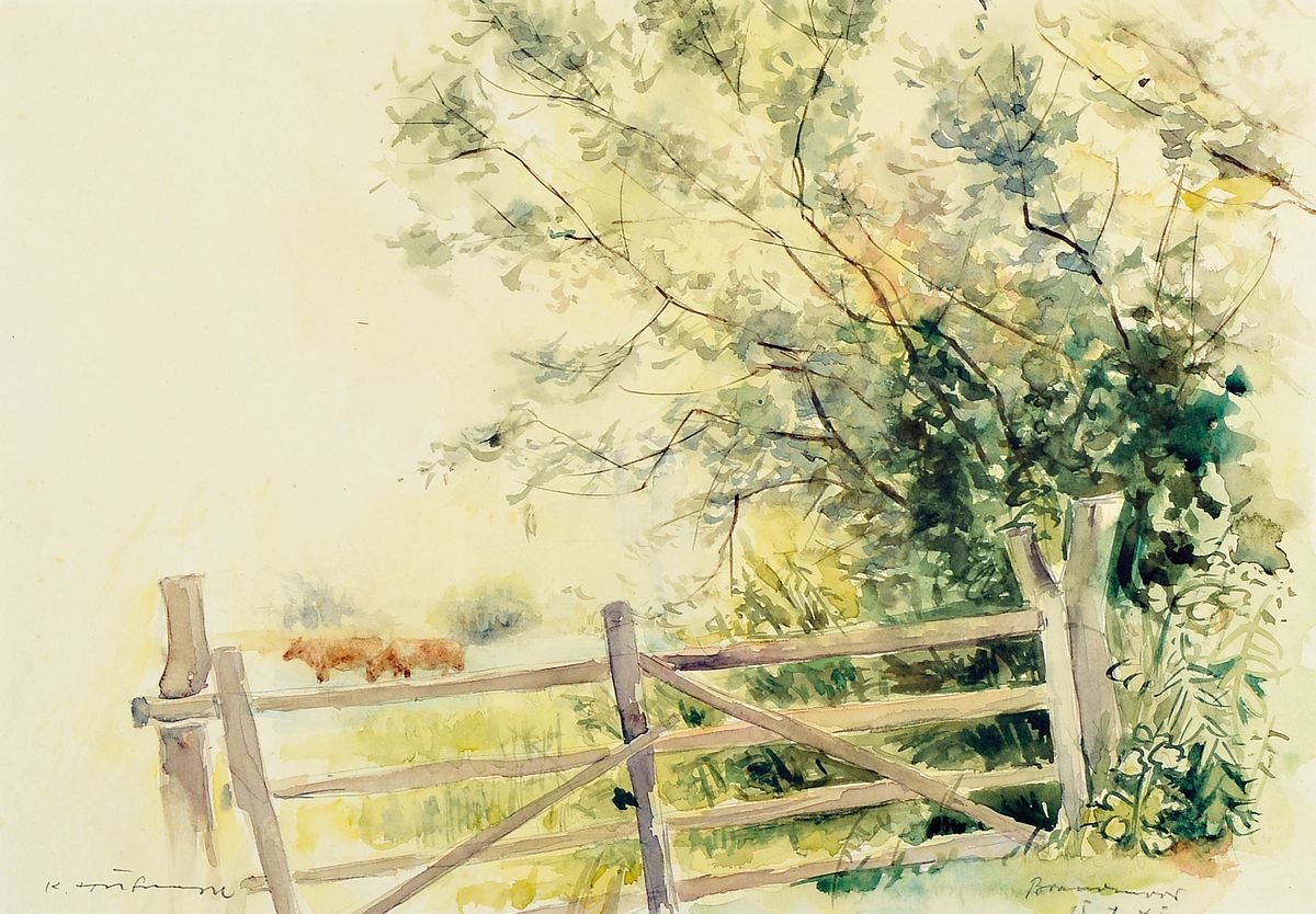 Detail a: Karl Hufnagel, 1906 Harthausen-1995 Speyer, zwei Aquarelle, Landschaften mit Weidegatter, beide signiert, datiert 1945, ca. 26x37cm, PP, u.Gl., R. ...