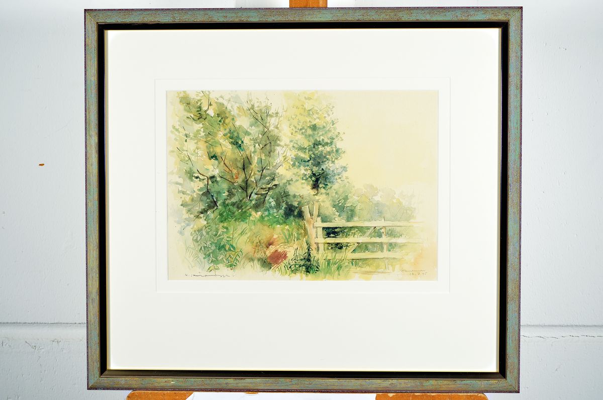 Detail k: Karl Hufnagel, 1906 Harthausen-1995 Speyer, zwei Aquarelle, Landschaften mit Weidegatter, beide signiert, datiert 1945, ca. 26x37cm, PP, u.Gl., R. ...