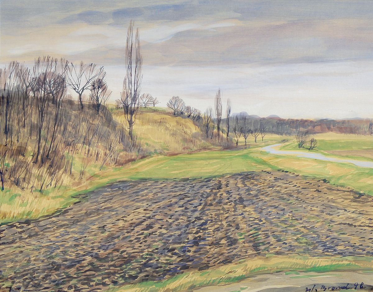 Werner Brand, geb. 1933, Agrarlandschaft, Aquarell auf Papier, signiert und dat. 96, ca. 36x46cm, PP, u.Gl., R. ca. 68x78cm