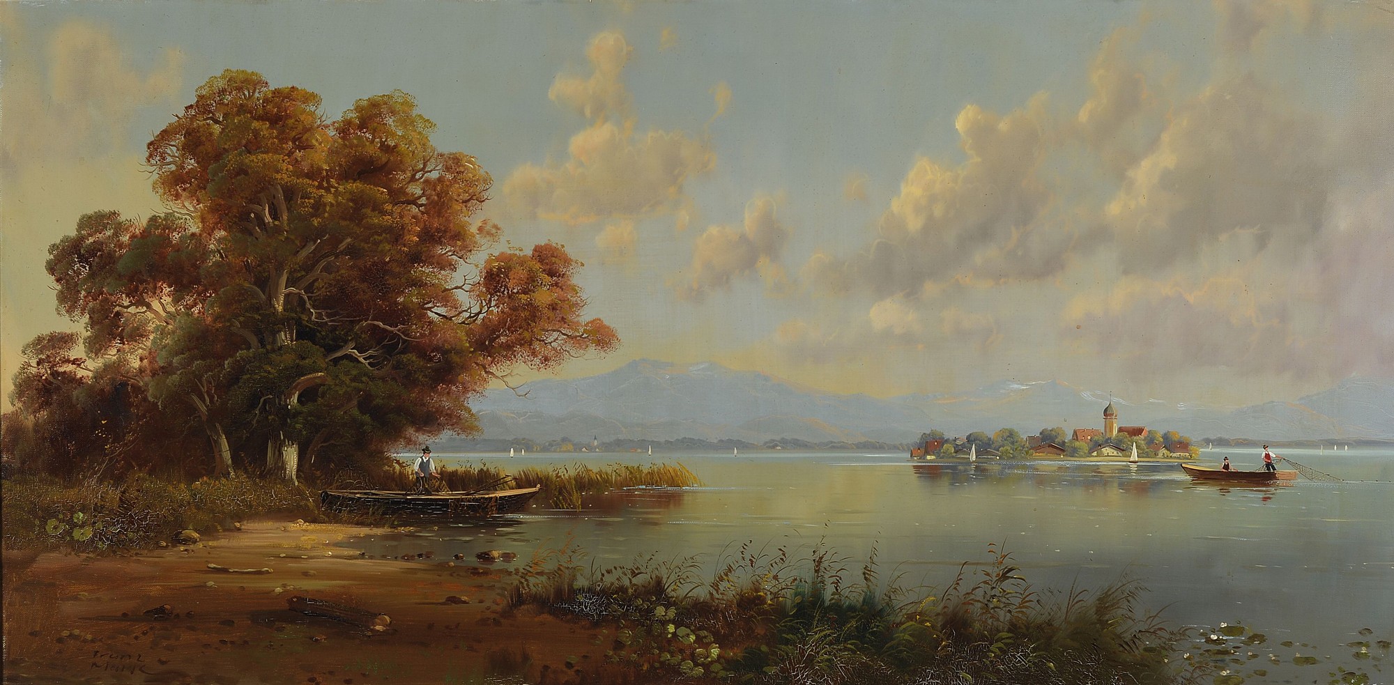 Hubert Kaplan, geb. 1940 München, Studium an der Akademie München, hier: Chiemseelandschaft, Fischerboote am Chiemsee, im Hintergrund die ...