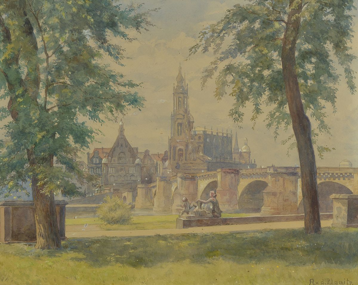 Ada von der Planitz, 1880-1936, Blick auf Dresden mit Augustusbrücke, Kreuzkirche und Schloß, Aquarell und Gouache auf Papier, rechts unten ...