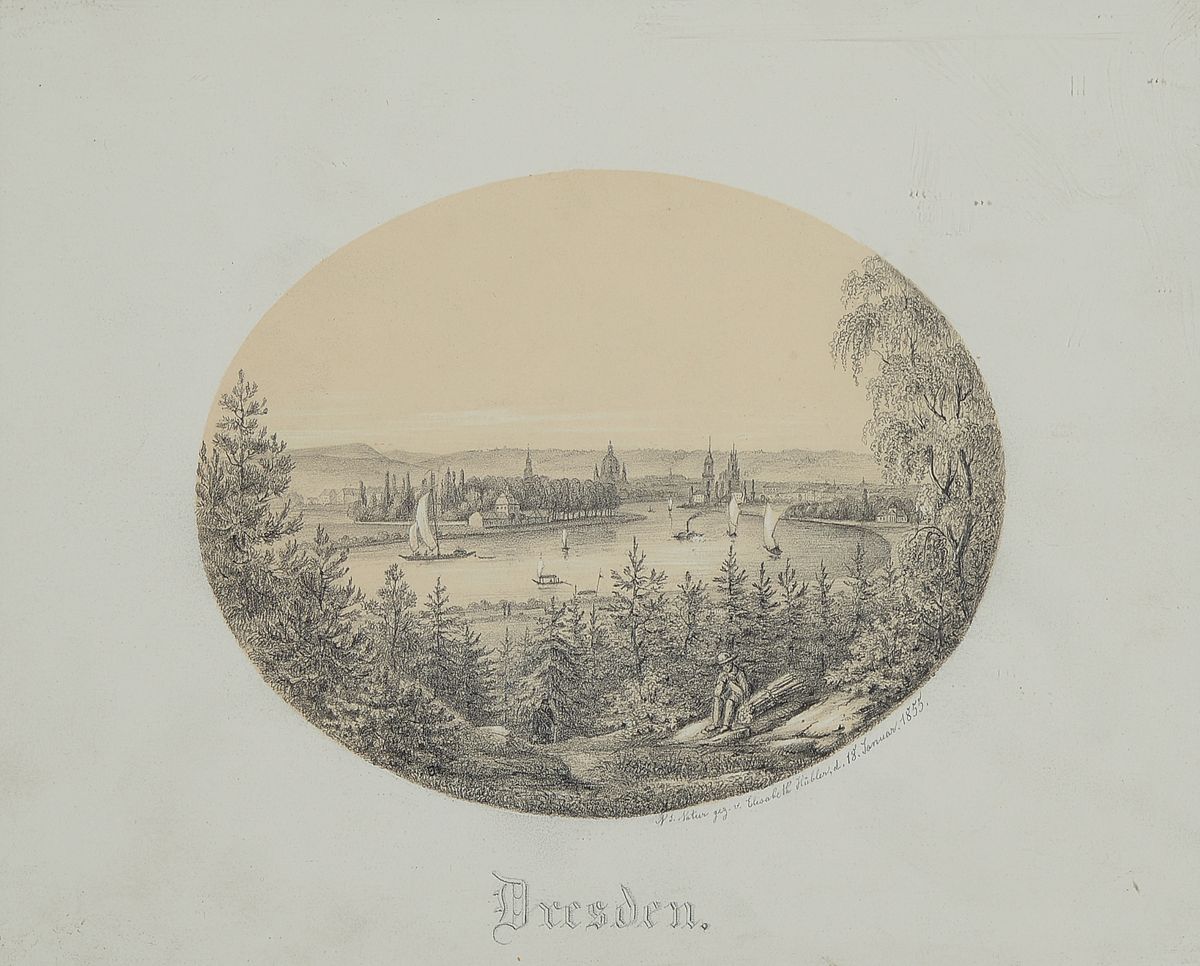 Elisabeth Hübler, 1837 Dresden-1883 Blasewitz, Blick auf Dresden, Bleistift auf Papier, rechts unten bez.: n. d. Natur gez. v. Elisabeth Hübler d. ...