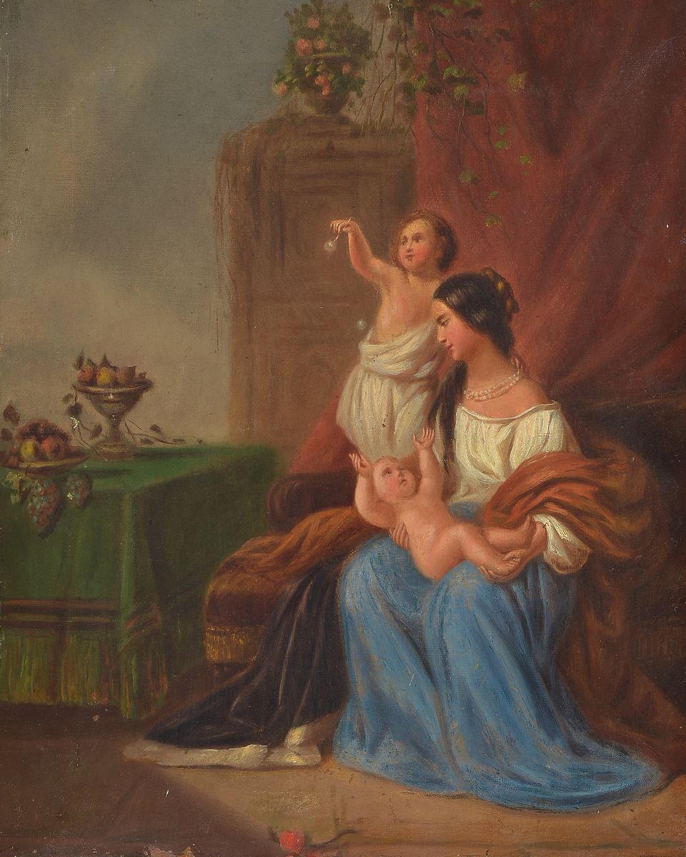 Unbekannter Künstler, Frankreich, Mitte 19. Jh., Mutter mit Kleinkind und Säugling, Öl/Lwd, restauriert, dennoch mit Farbschäden, ca. ...