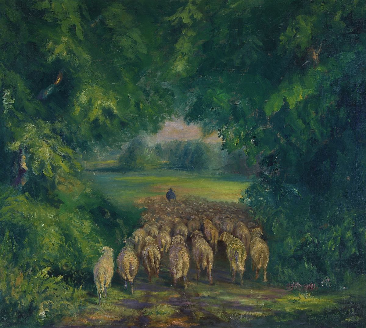 Fritz Schwab, dat. 1924, Maler aus Speyer, Schäfer mit seiner Herde im Auwald, Öl/Lwd, links unten signiert und dat., ca. 78x85cm/ 96x103cm, R.