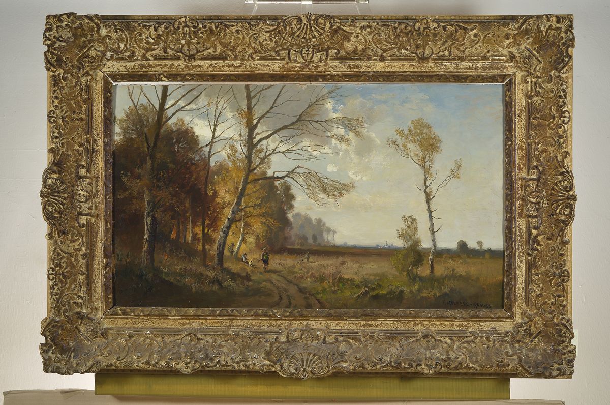 Detail k: Fritz Halberg-Krauss, 1874 Stadtprozelten-1951 Prien am Chiemsee, Jäger mit Hunden im Dachauer Moor, Öl/Malkarton, rechts unten signiert, ca. ...