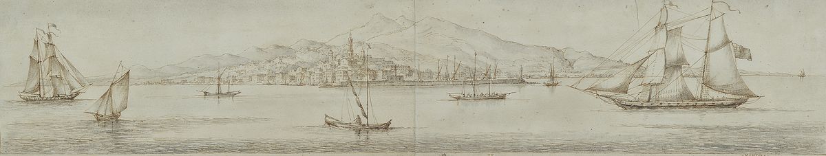 Unbekannter Künstler, 2. Hälfte, 18. Jh., Küste von Mentone, altersbedingt beschädigt, ca. 20 x 85 cm, unter Glas, Rahmen: ca. 25 x 90 cm