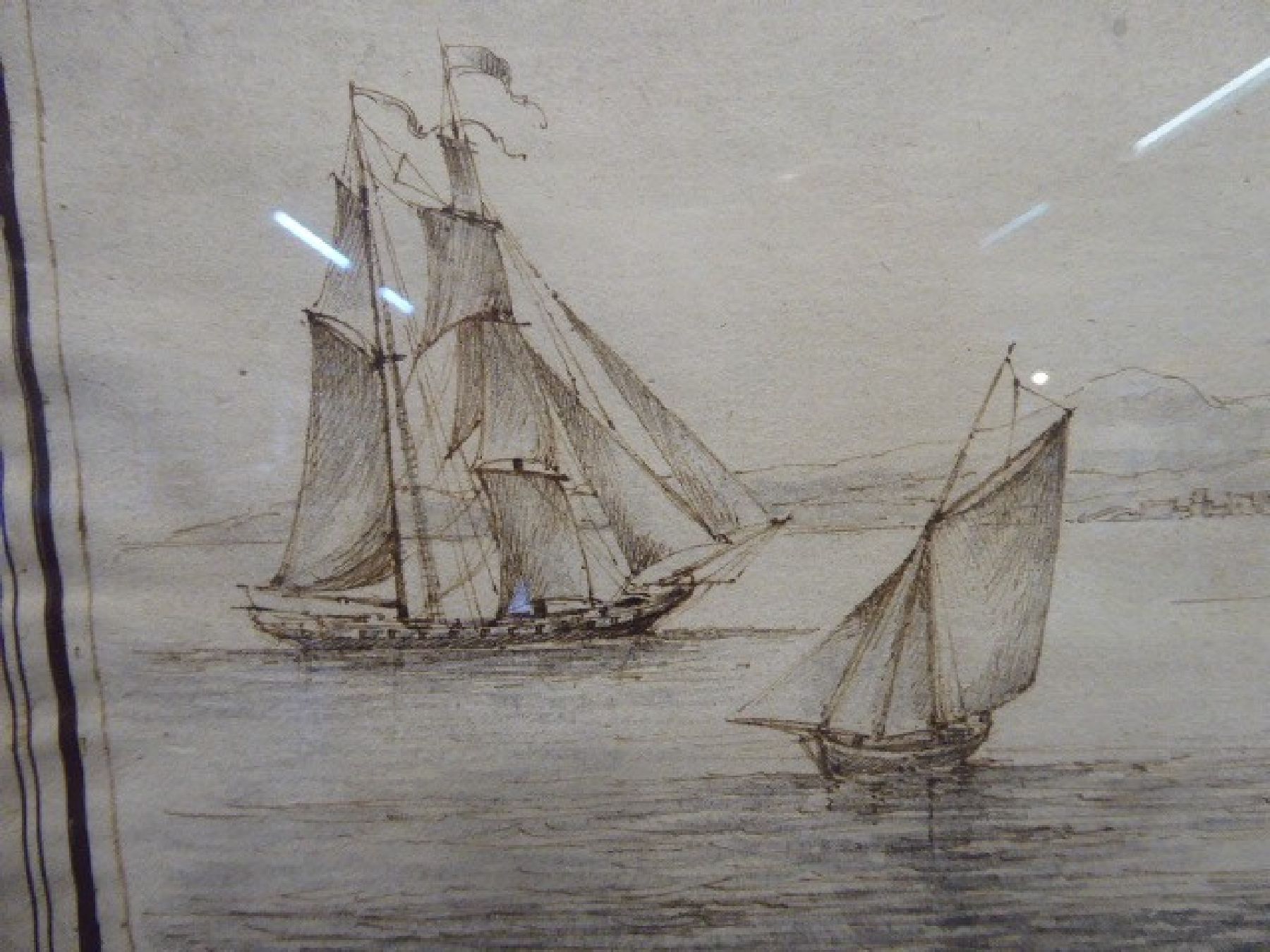 Detail b: Unbekannter Künstler, 2. Hälfte, 18. Jh., Küste von Mentone, altersbedingt beschädigt, ca. 20 x 85 cm, unter Glas, Rahmen: ca. 25 x 90 cm