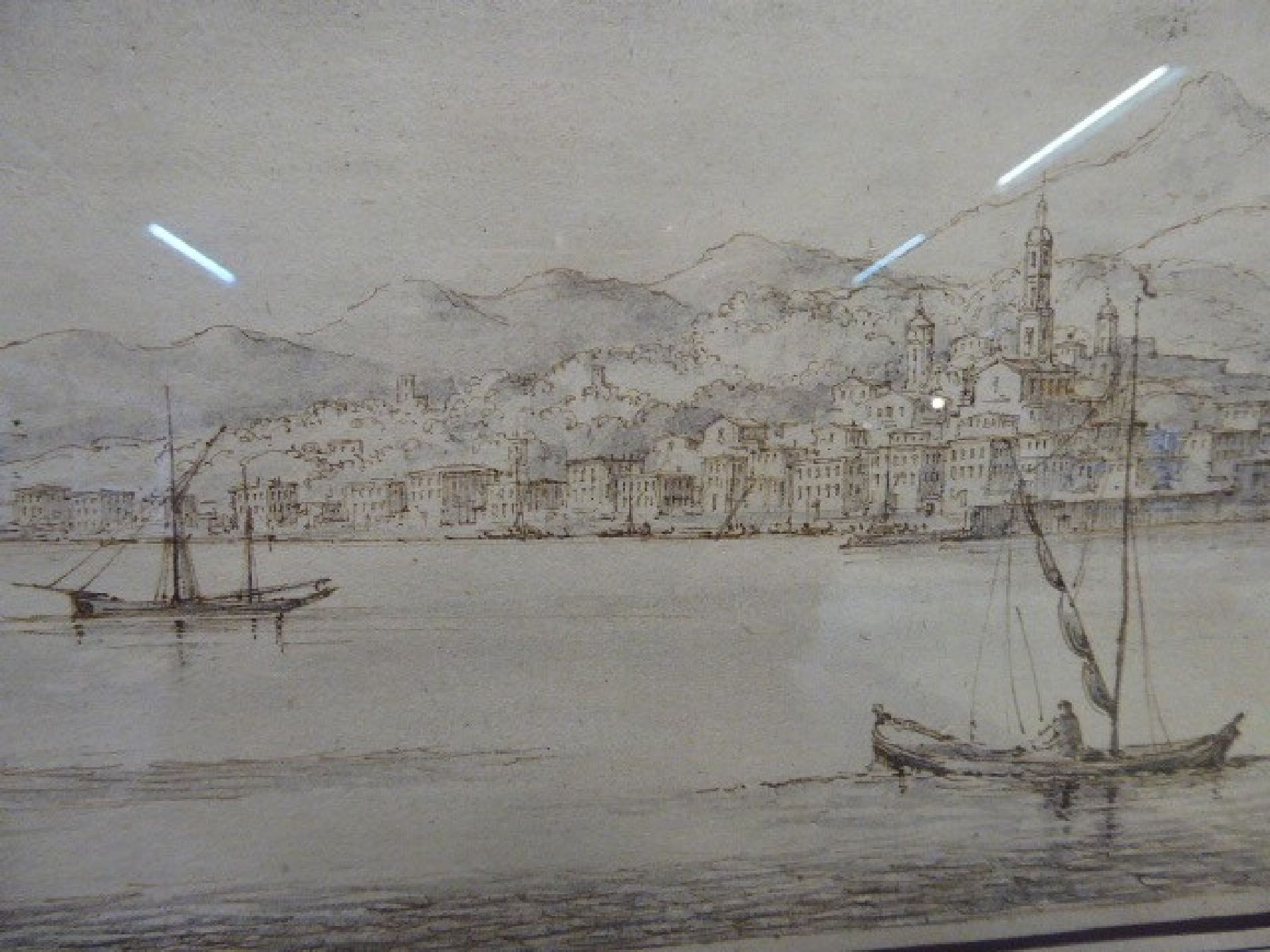 Detail c: Unbekannter Künstler, 2. Hälfte, 18. Jh., Küste von Mentone, altersbedingt beschädigt, ca. 20 x 85 cm, unter Glas, Rahmen: ca. 25 x 90 cm