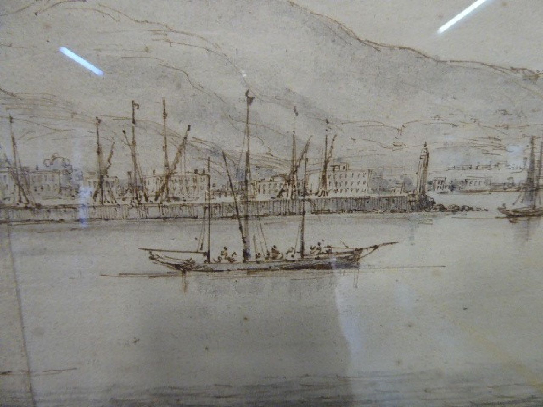 Detail d: Unbekannter Künstler, 2. Hälfte, 18. Jh., Küste von Mentone, altersbedingt beschädigt, ca. 20 x 85 cm, unter Glas, Rahmen: ca. 25 x 90 cm