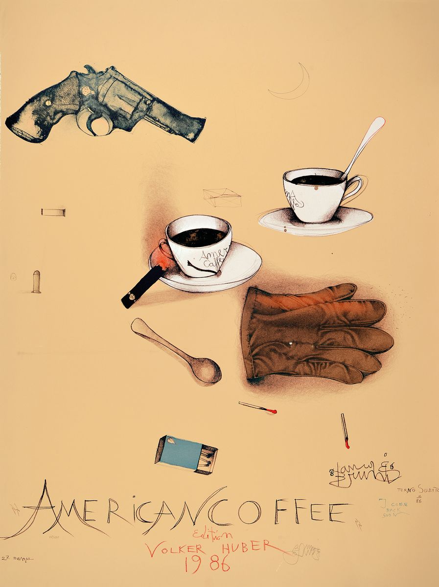 Bruno Bruni, geb. 1935 Gradara/Italien, American Coffee, Farblithographie von 1986, handsigniert und num. 47/150, ca. 84.5x63cm