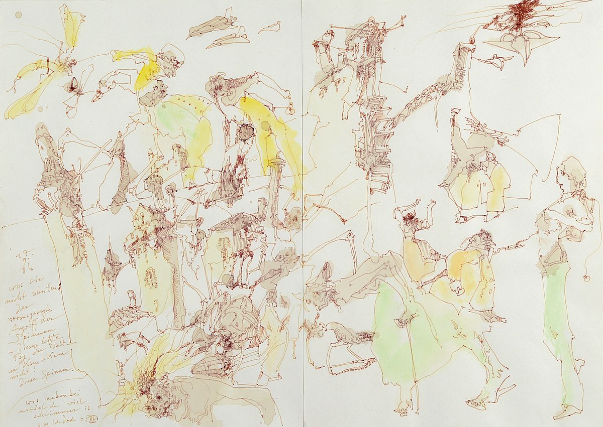 Horst Janssen, Aquarell und Federzeichnung auf zwei collagierten Papieren, handsigniert, aus 1986, Titel "Svanshall verkehrt", das Unikat ...