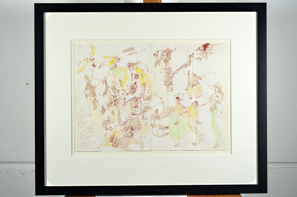 Detail k: Horst Janssen, Aquarell und Federzeichnung auf zwei collagierten Papieren, handsigniert, aus 1986, Titel "Svanshall verkehrt", das Unikat ...
