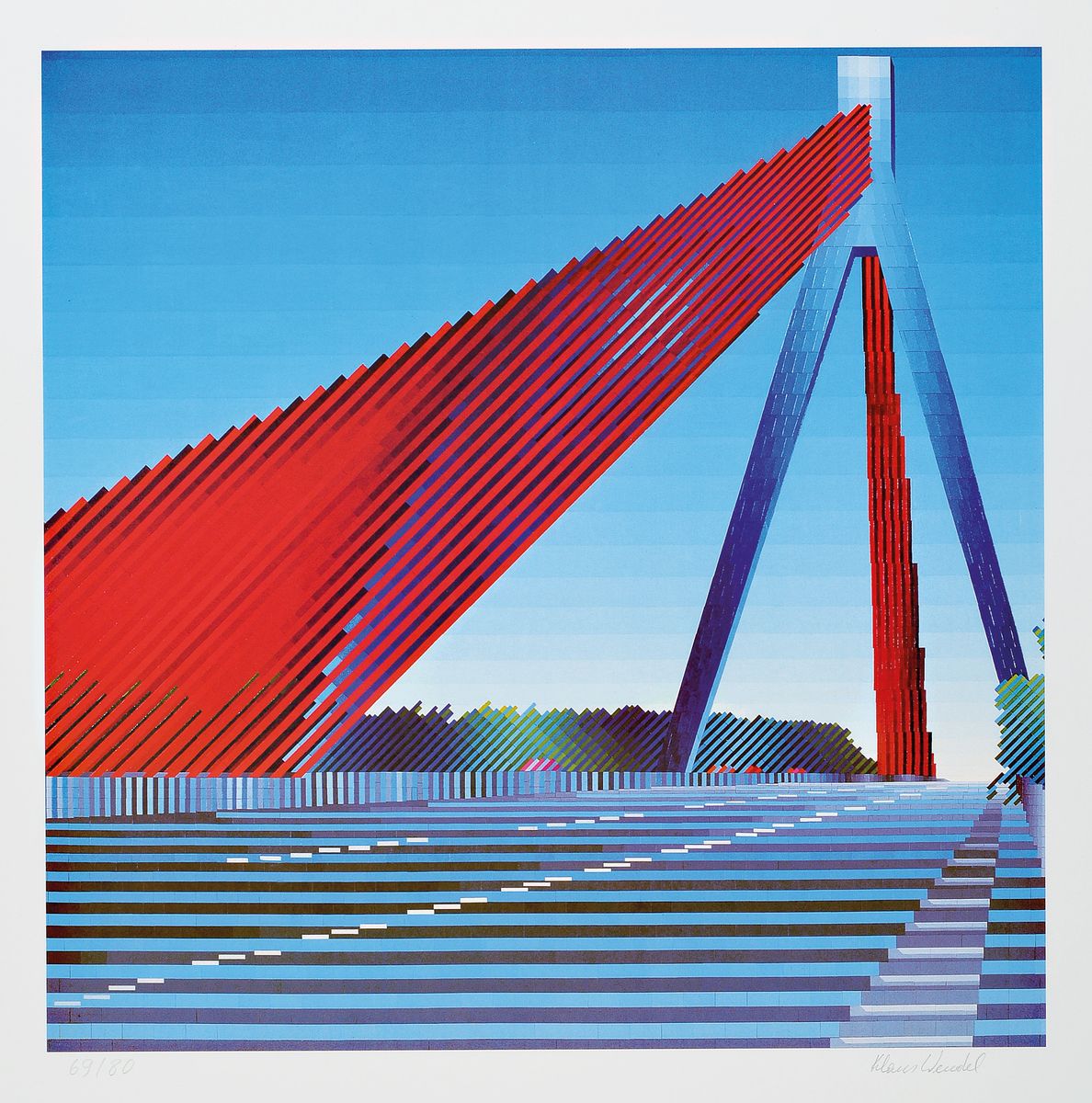 Klaus Wendel, 1835 Wollmesheim-2005, Studium an der Akademie Karlsruhe bei Karl Hubbuch, hier: Die Autobahnbrücke bei Speyer, Farboffset, ...