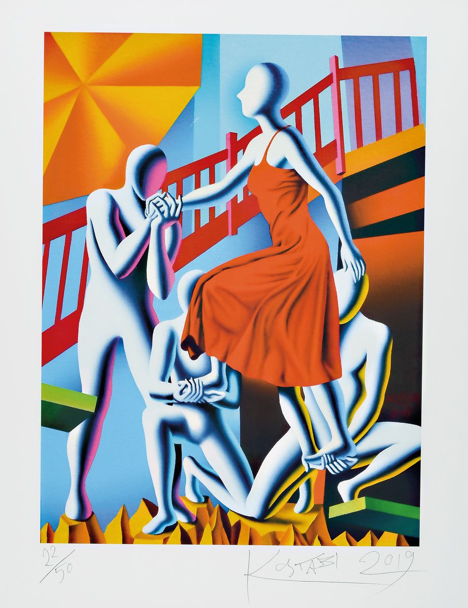 Mark Kostabi, geb. 1960, Farbserigraphie, Support Group, handsigniert und num. 2019, num. 22/50, ca. 47x35cm, PP, u.Gl., R.