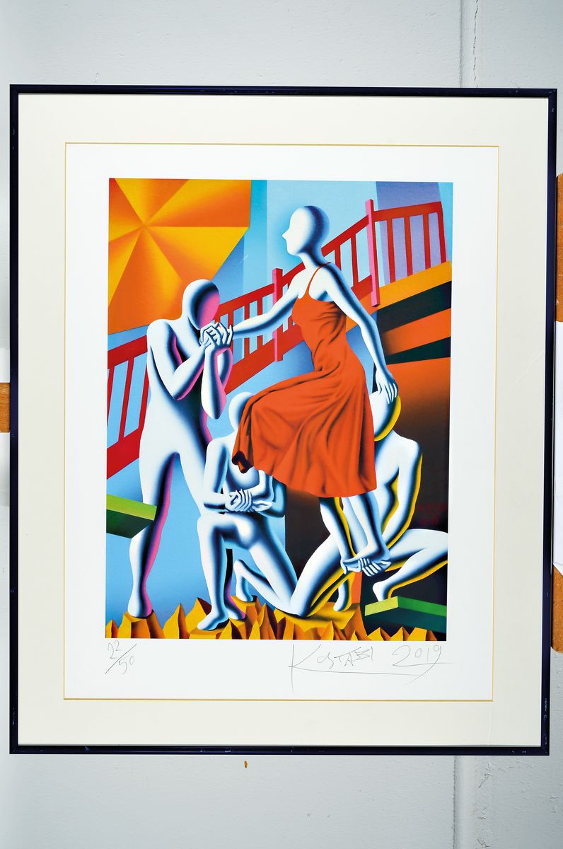 Detail k: Mark Kostabi, geb. 1960, Farbserigraphie, Support Group, handsigniert und num. 2019, num. 22/50, ca. 47x35cm, PP, u.Gl., R.