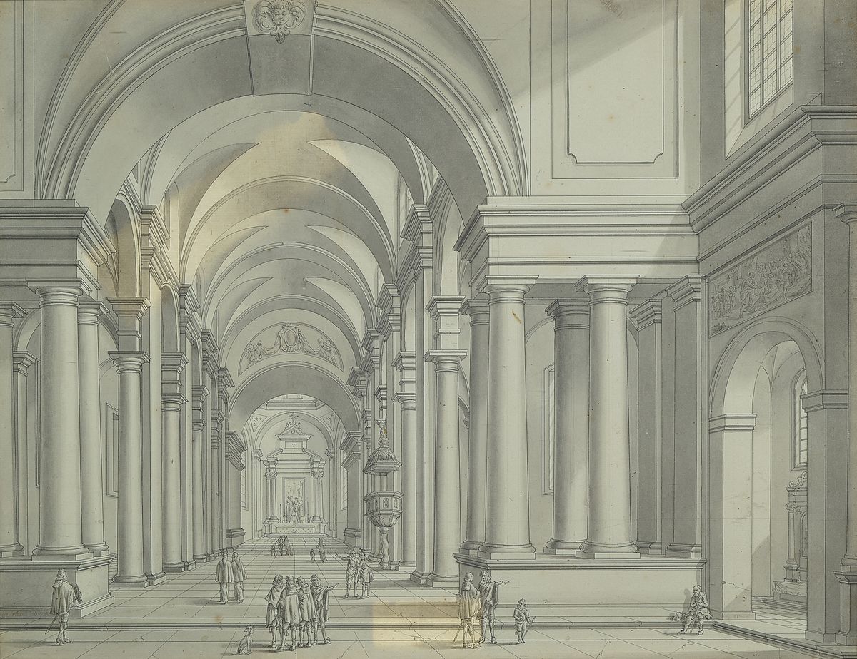 Johann Ludwig Ernst Morgenstern, 1738 - 1819, Blick in das Innere einer Kirche, Tuschezeichnung aquarelliert, detailreiche Architekturzeichnung mit ...