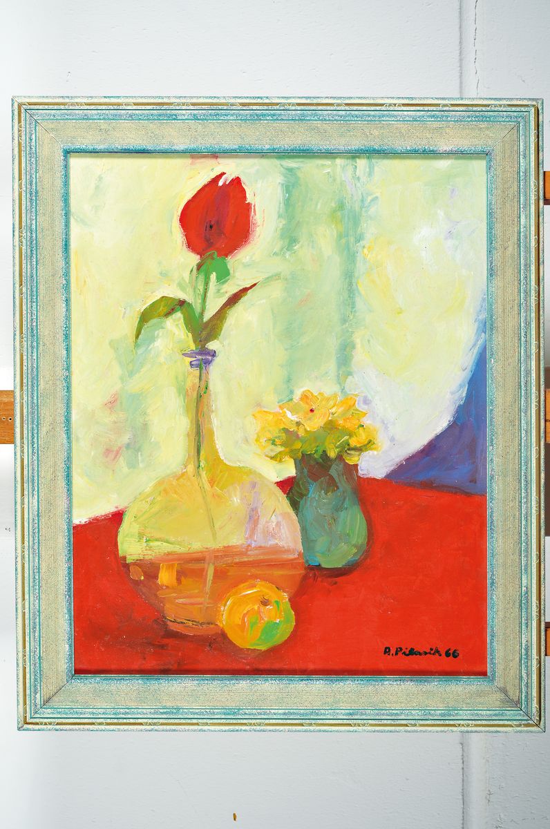 Detail k: Annaliese Pilasik, 1903 Berlin-1989 ebenda, war tätig in Berlin, hier: Stillleben mit Tulpe in Vase und Obst, Öl/Platte, rechts unten signiert ...
