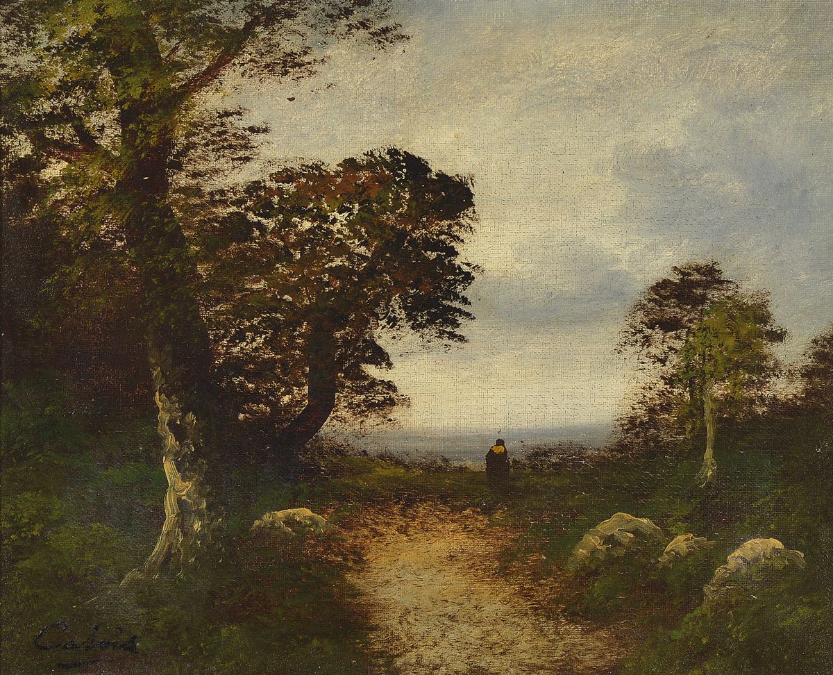 Detail c: Catois, französischer Maler, um 1900, 2 Pendants: Abendliche Landschaften mit Angler bzw. Spaziergänger, Öl/Lwd, beide signiert, je ca. 33x41cm, ...